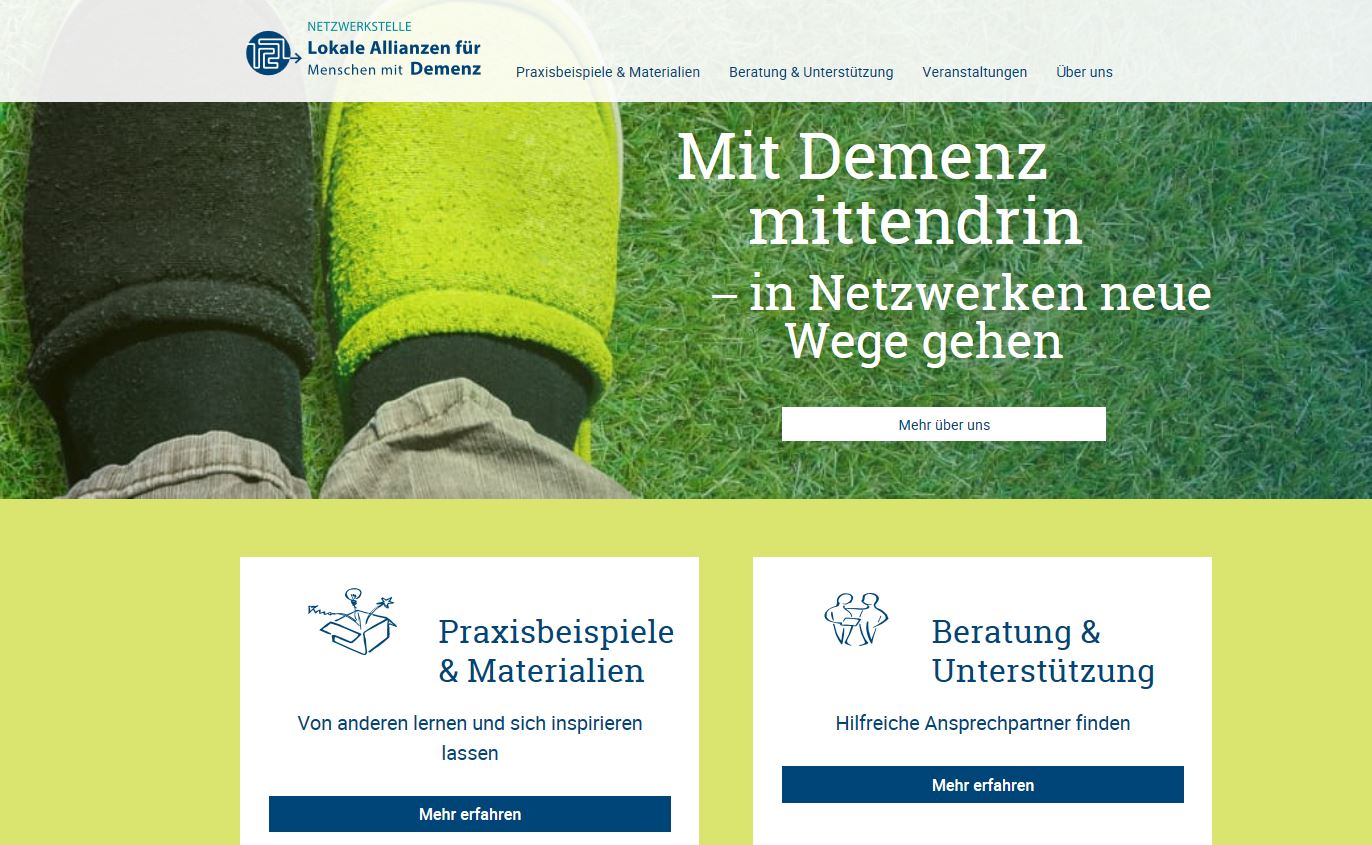 Screenshot von der Startseite der Netzwerkstelle Lokale Allianzen für Menschen mit Demenz