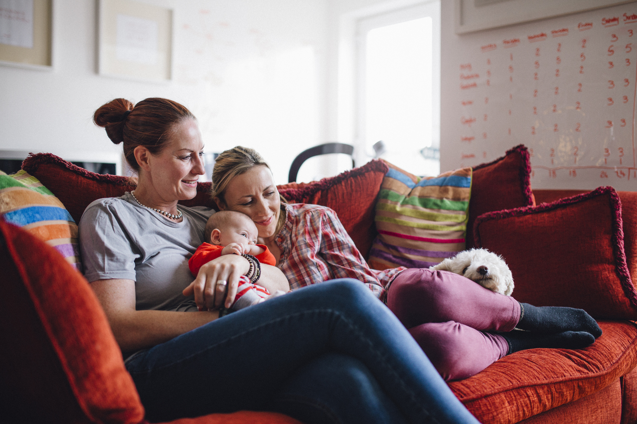 Zwei Mütter auf einer Couch mit einem Baby