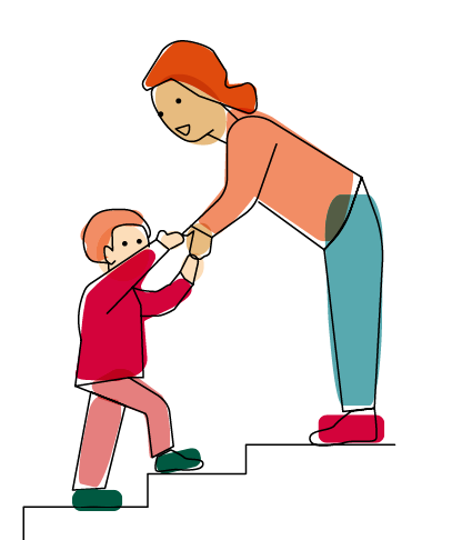 Illustration: Eine Frau hilft einem Kind die Treppe hoch
