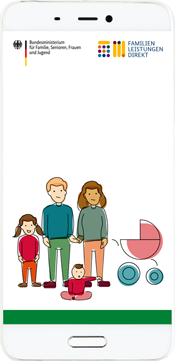 Ein Handy mit dem Cover des Flyers Familienleistungen direkt