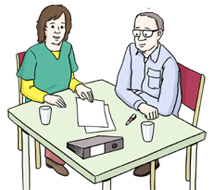 Zeichnung von einer Frau und einem Mann am Arbeits-Tisch