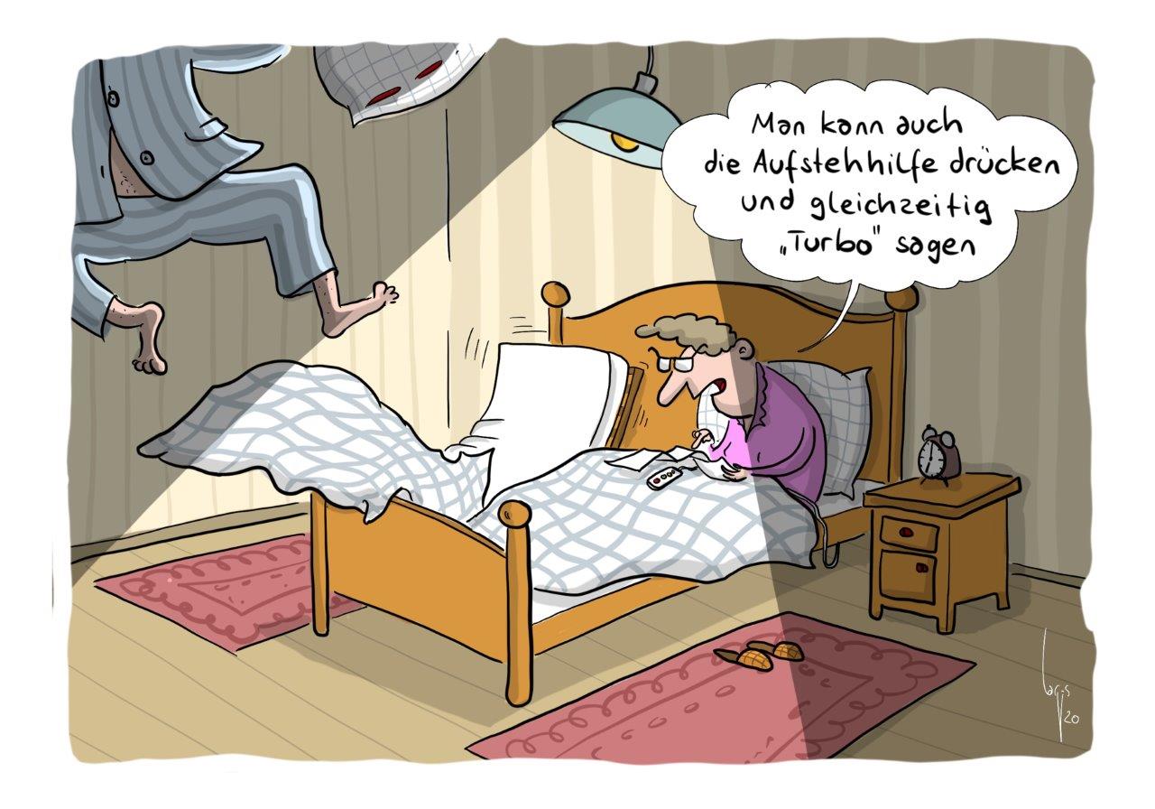 Ein Mann fliegt aus dem Bett - dank der Aufstehhilfe