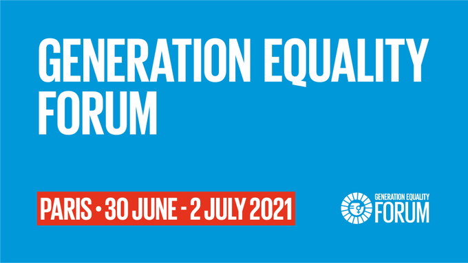 Blaue Kachel mit dem Schriftzug "Generation Equality Forum"