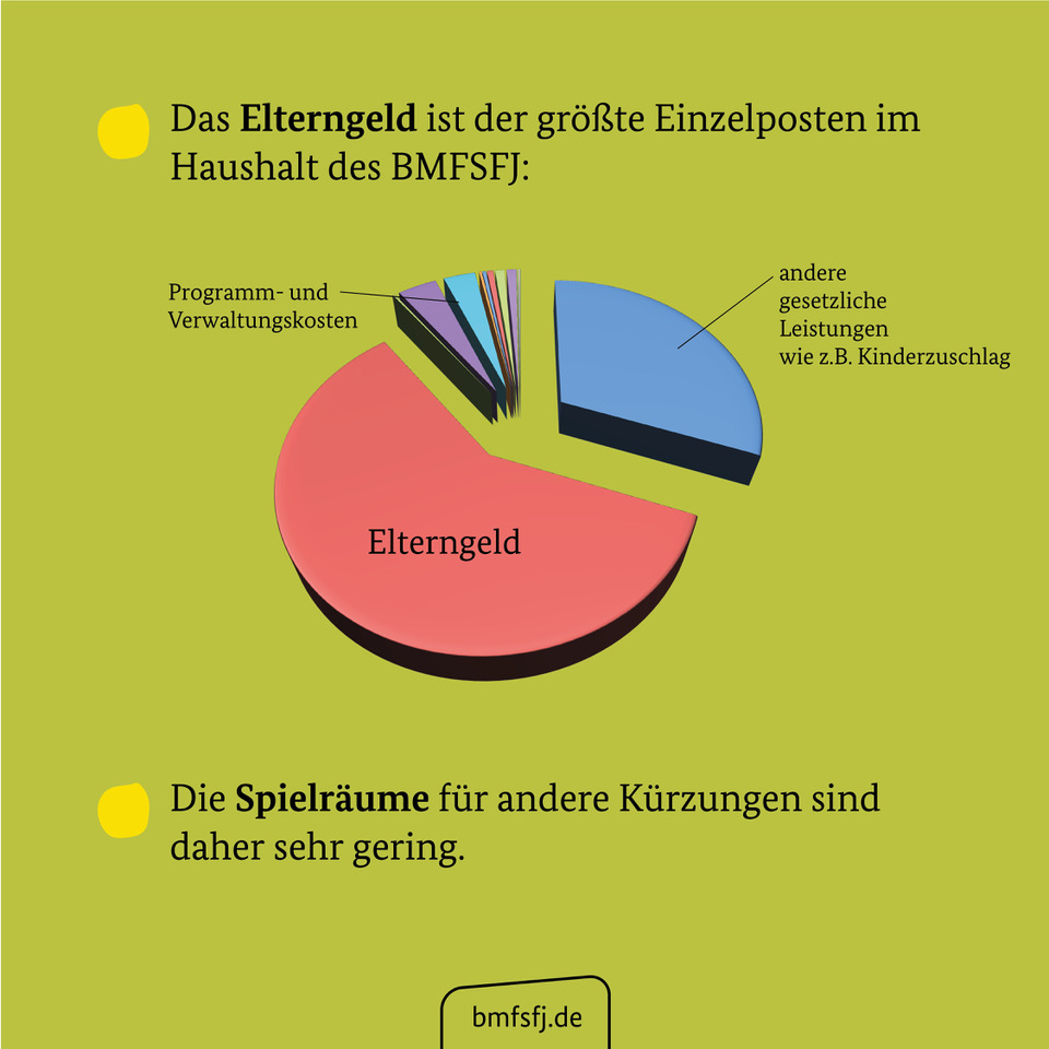 Kachel mit Kreisdiagramm und den einzelnen Posten im Etat des Bundesfamilienministeriums