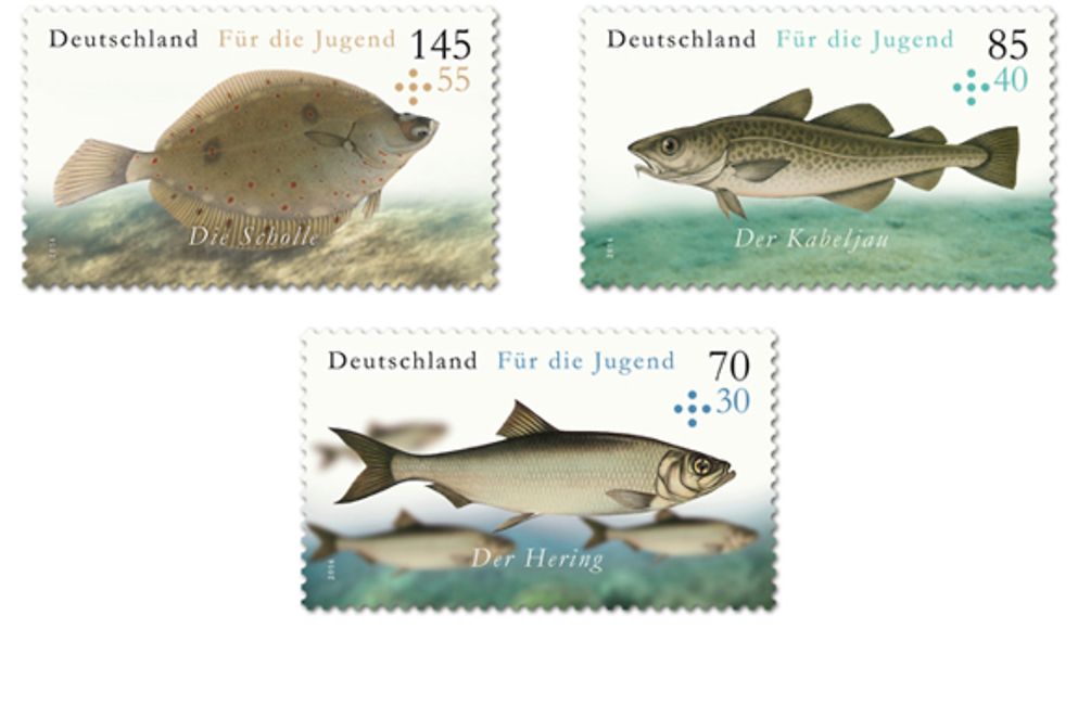 Drei Jugendmarken mit Fischmotiven