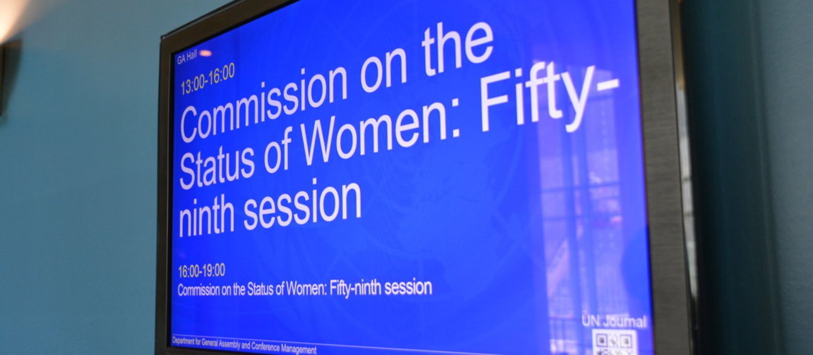 Bildschrim mit weißem Text auf Blau: Commission on the Status of Women: Fifty-ninth session