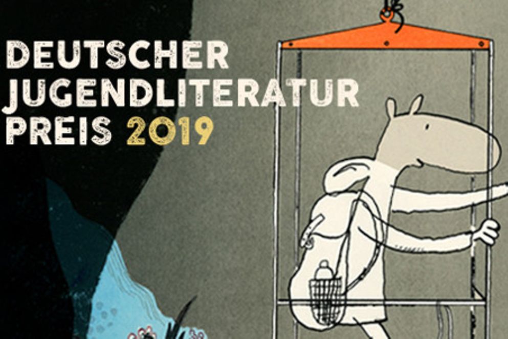 Das Plakat zum Jugendliteraturpreis 2019 ist eine Zeichnung, die ein Tier auf Entdeckertour vor einem Bücherregal zeigt.