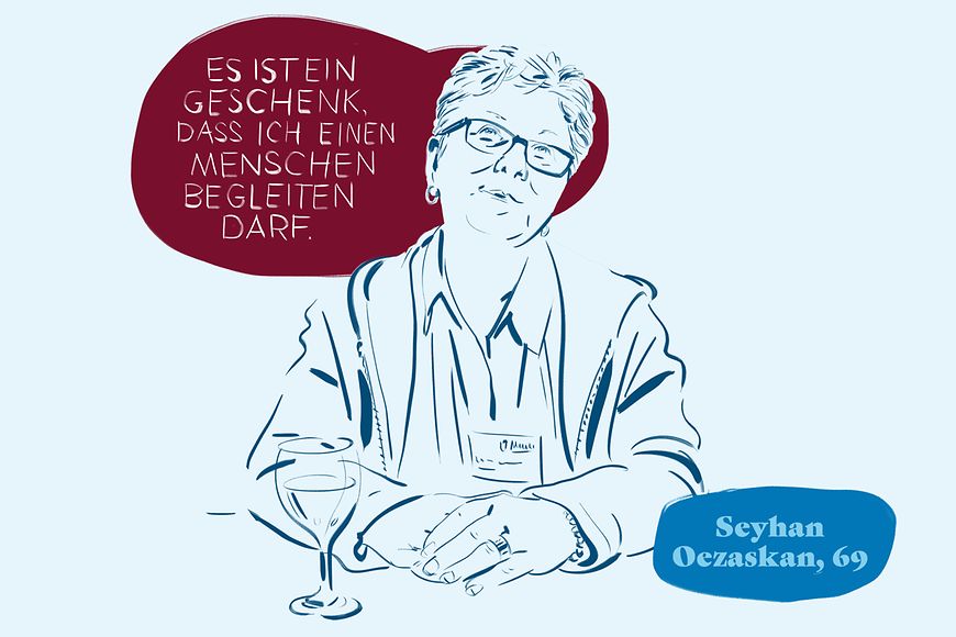 Eine Illustration der 69-jährigen Seyhan Oezaskan mit ihrem Zitat: Es ist ein Geschenk, dass ich einen Menschen begleiten darf