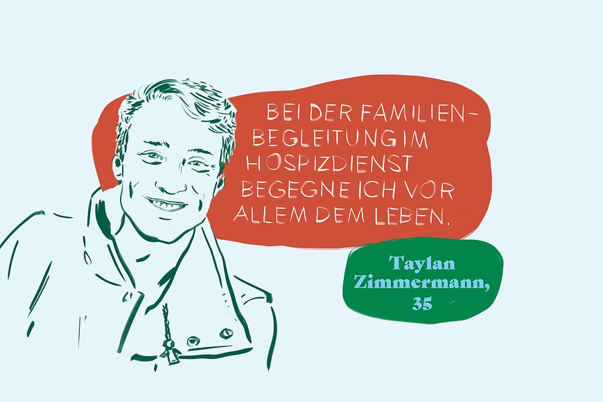 Eine Illustration des 35jährigen Taylan Zimmermann mit einer Sprechblase