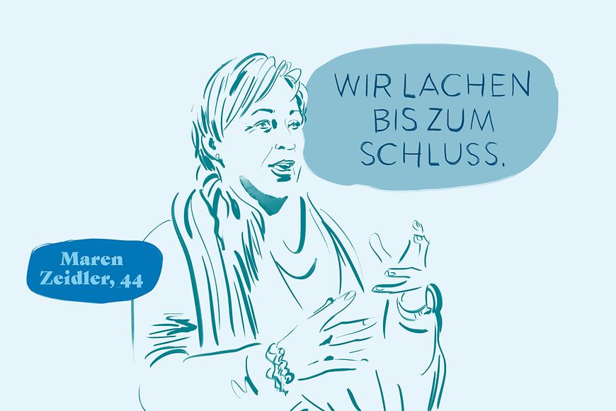 Die Illustration zeigt die 44-jährige Maren Zeidler mit ihrem Zitat: Wir lachen bis zum Schluss