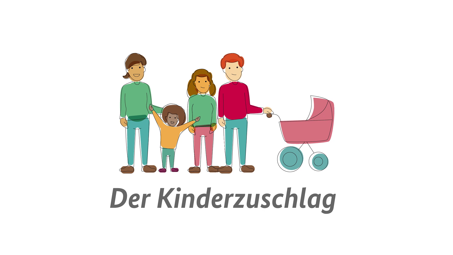 Illustration einer Familie mit Kinderwagen, darunter der Schriftzug: Der Kinderzuschlag