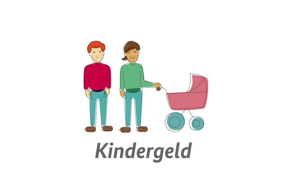 Illustration von zwei Eltern und einem Kinderwagen