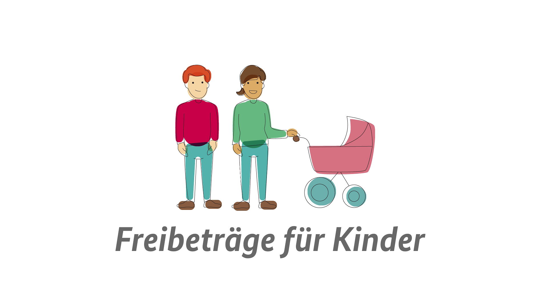 Illustration von zwei Eltern und einem Kinderwagen