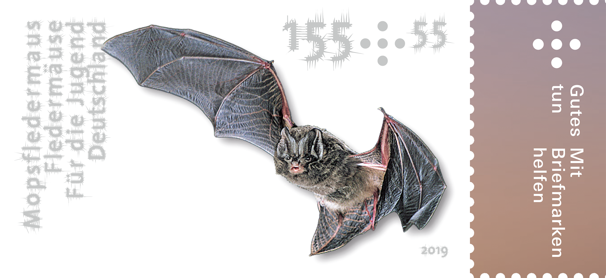 Briefmarke im Wert von 155 Cent mit Bild einer Fledermaus