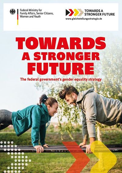 Titelseite Flyer englisch "Stark für die Zukunft - Die Gleichstellungsstrategie der Bundesregierung"