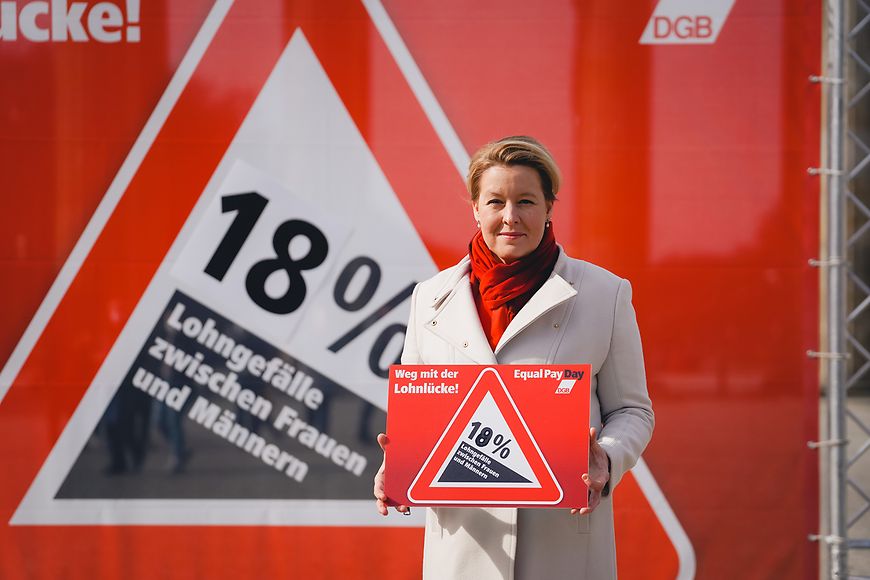Franziska trägt ein Schild mit der Aufschrift "Weg mit der Lohnlücke