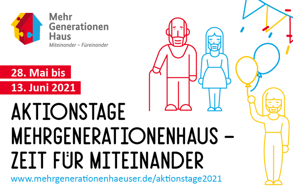 Eine Zeichnung mit einer Familie und dem Text Aktionstage Mehrgenerationenhaus