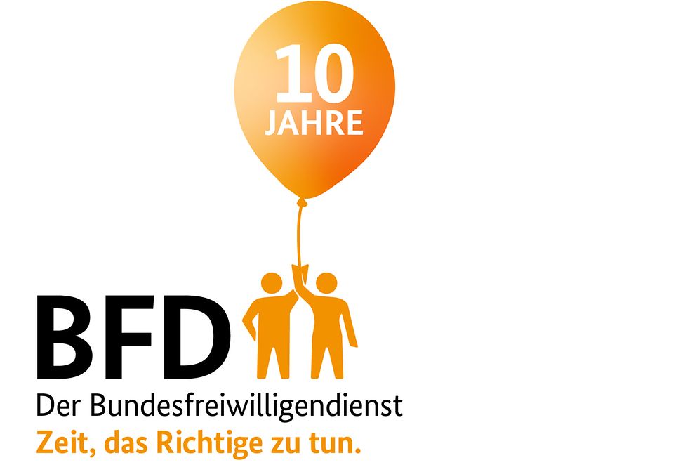 Logo mit der Aufschrift: "Zehn Jahre BFD. Der Bundesfreiwilligendienst. Zeit das richtige zu tun"