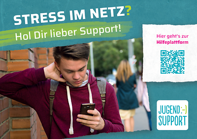 Postkarte Stress im Netz? (Motiv Junge) Hol Dir lieber Support!