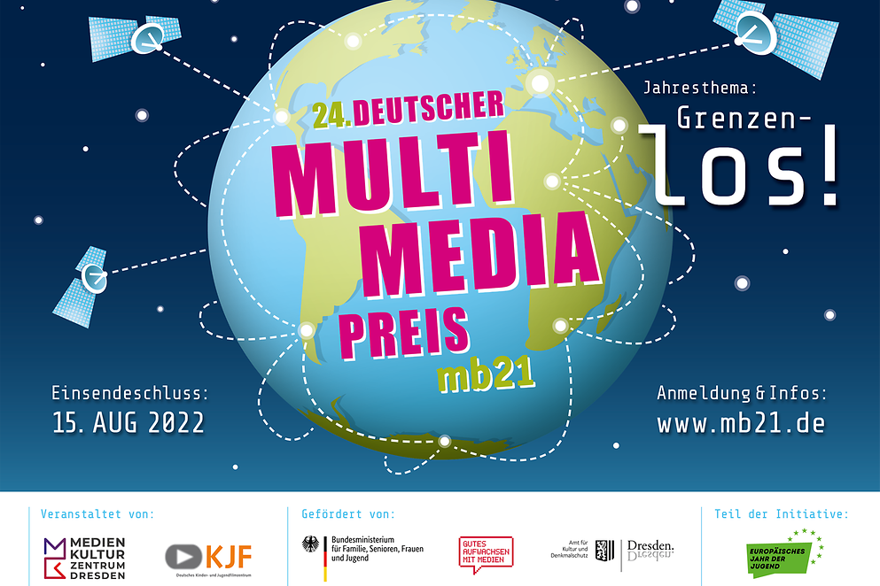 Plakat mit einer hellblauen Erdkugel und dem pinkfarbenen Schriftzug Deutscher Multimediapreis mb21