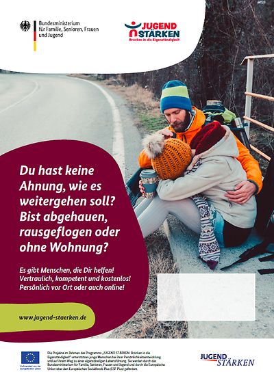 Plakat zum ESF Plus-Programm "JUGEND STÄRKEN: Brücken in die Eigenständigkeit" für die Zielgruppe Jugendliche