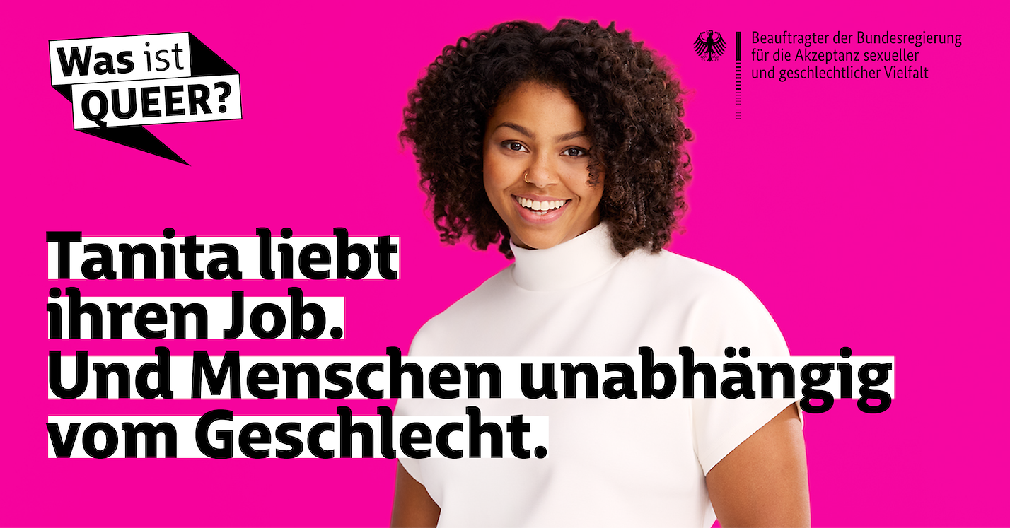 Porträt von Tanita mit Kampagnen-Logo und Text: Tanita liebt ihren Job. Und Menschen unabhängig vom Geschlecht.