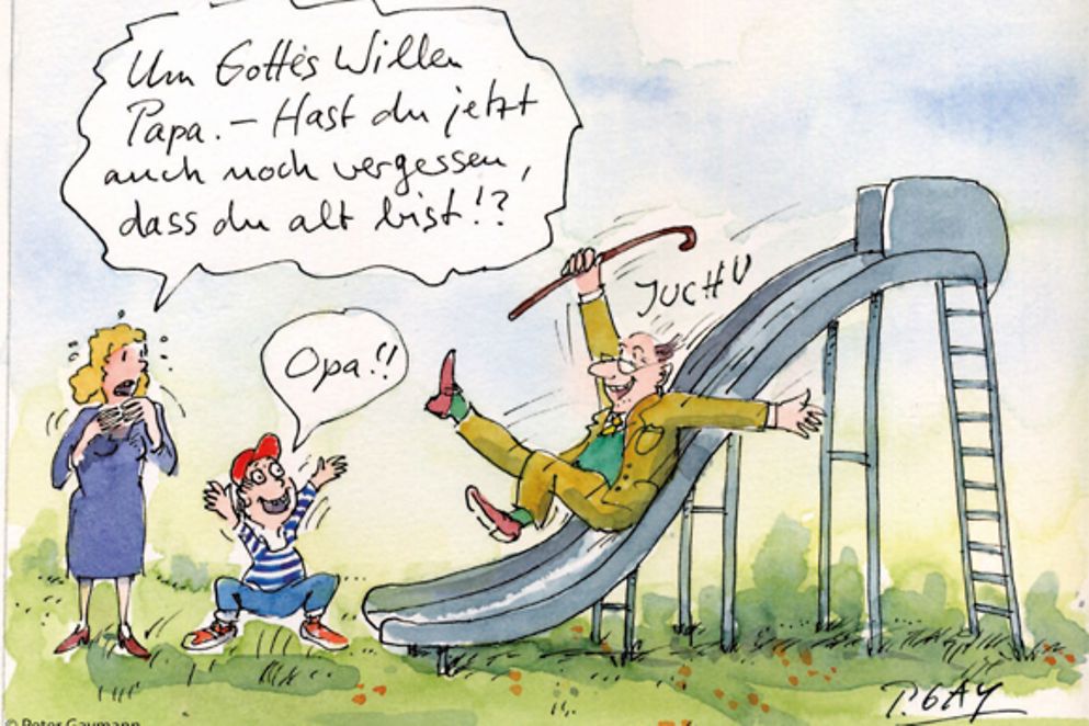 Karikatur eines älteren Mannes, der jubelnd eine Rutsche hinunterrutscht, Bildnachweis: Peter Gaymann