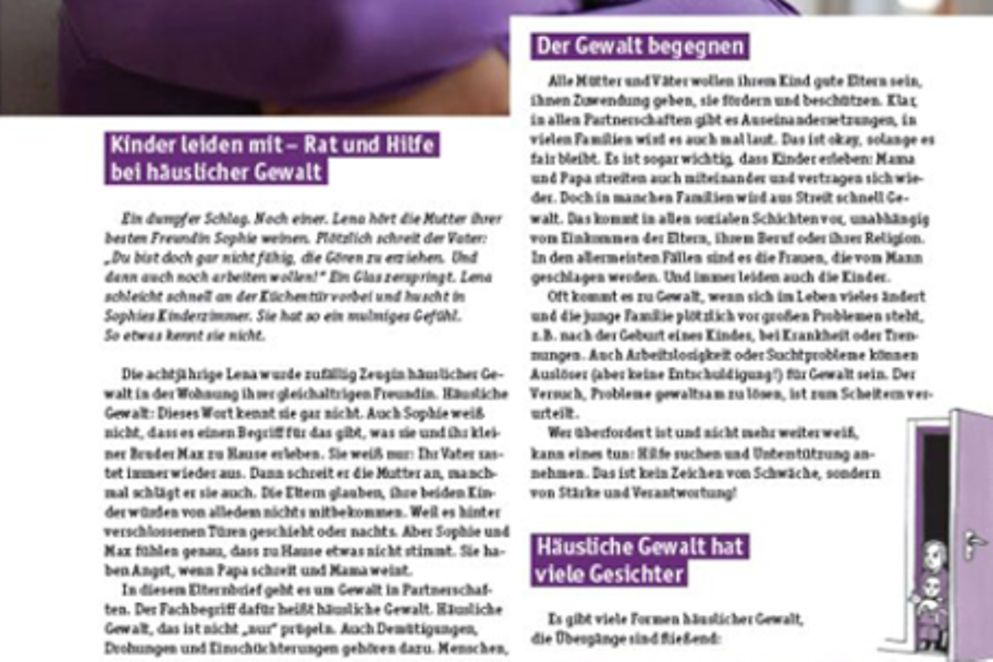 Deckblatt des Elternbriefes "Kinder leiden mit - Rat und Hilfe bei häuslicher Gewalt"