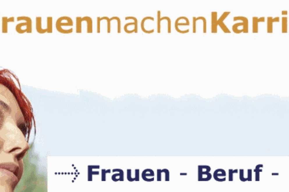 Grafik: Logo der Website www.frauen-machen-karriere.de mit Foto einer rothaarigen Frau und Text 'Frauen, Beruf, Karriere'