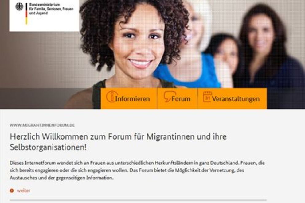 Screenshot der Webseite "Migrantinnenforum" des Bundesfamilienministeriums, Bildnachweis: BMFSFJ