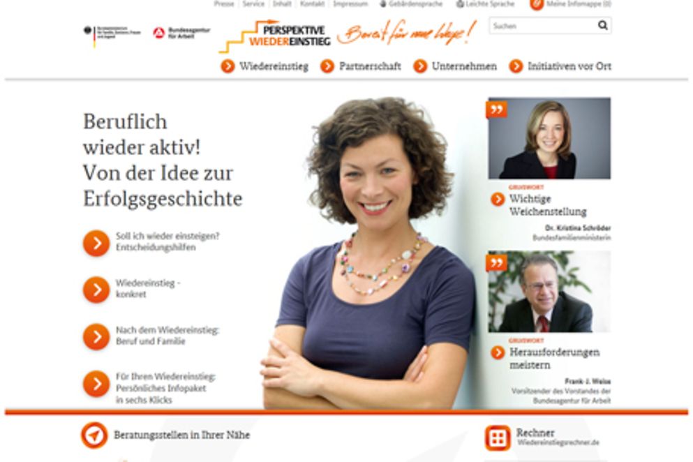 Screenshot der Website www.perspektive-wiedereinstieg.de