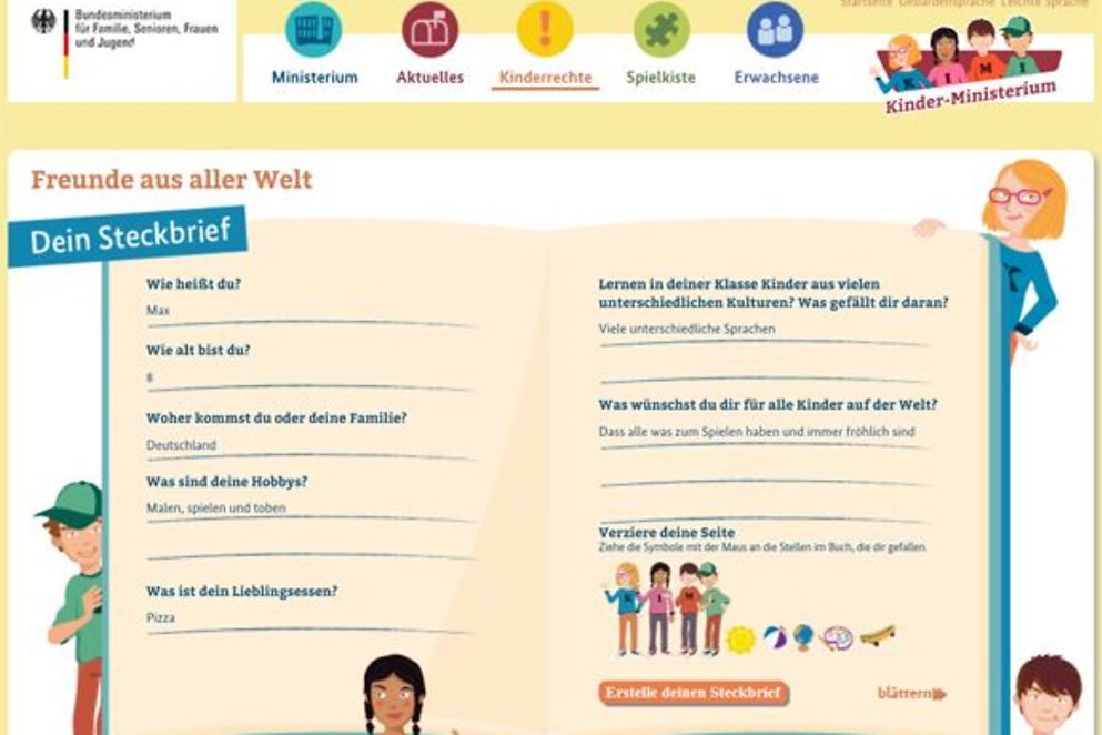 Screenshot des Online-Freundebuchs des Kinder-Ministeriums, Bildnachweis: BMFSFJ
