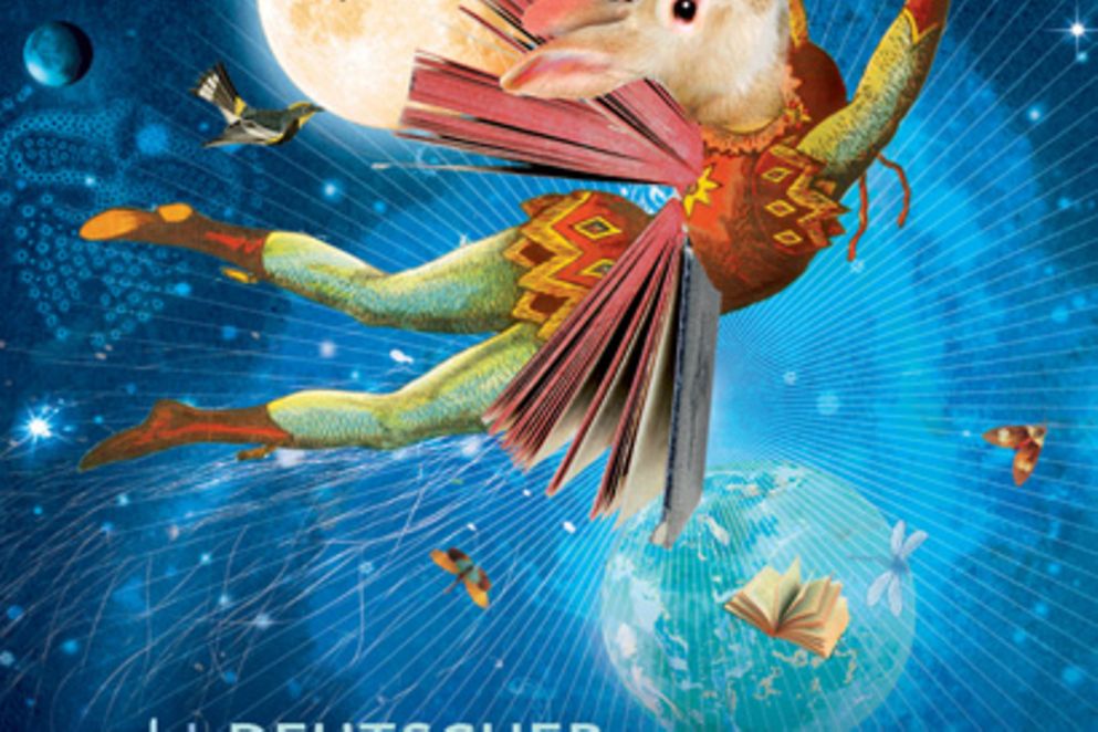 Vor blauem Weltallhintergrund fliegt ein Hase mit Flügeln aus Bücherseiten Motiv des Deutschen Jugendliteraturpreises 2011