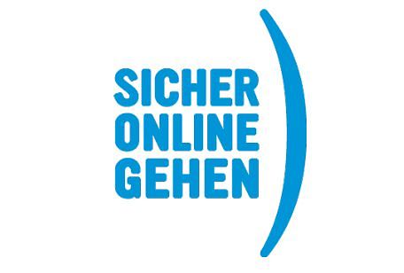 Logo von "sicher online gehen - Kinderschutz im Internet" mit Text und blauer Grafik