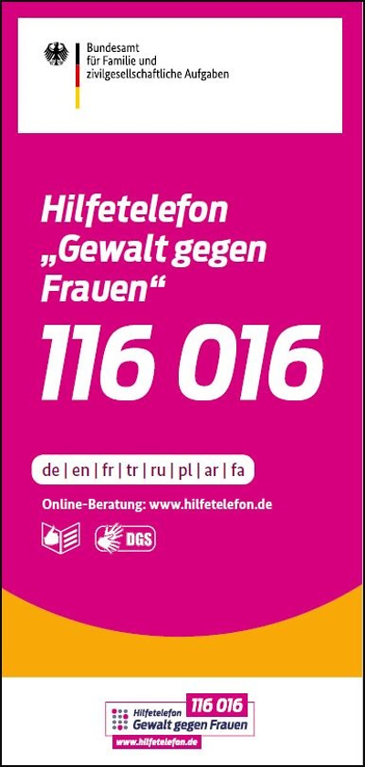 Titelseite Flyer Hilfe bei Gewalt gegen Frauen - Hilfetelefon Gewalt gegen Frauen