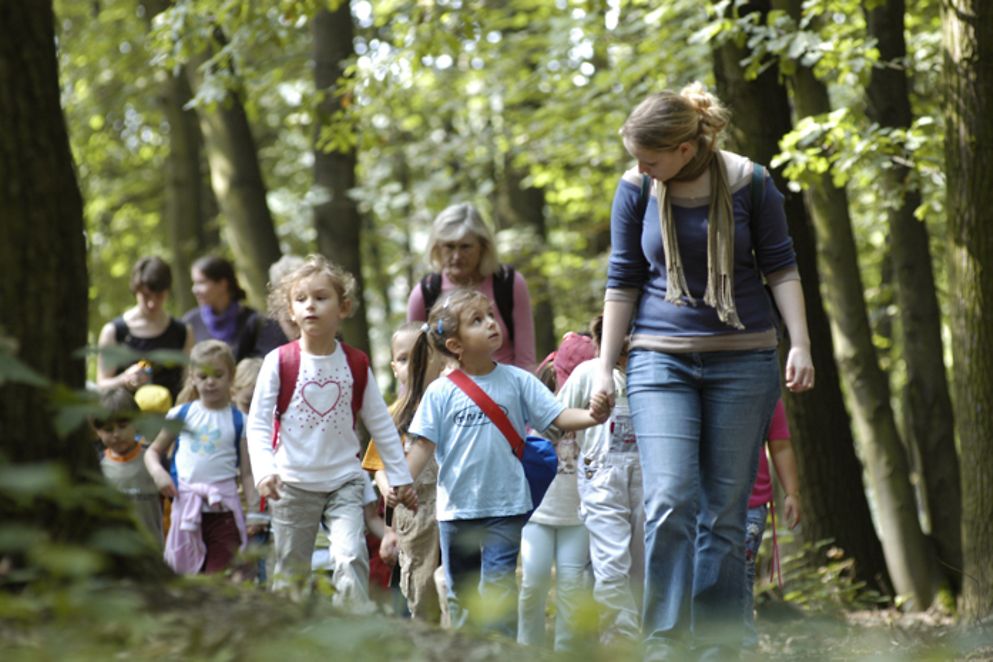 Mehrere weibliche Freiwillige machen mit Kindern einen Spaziergang durch einen Wald. Bildquelle: Stiftung Naturschutz Berlin.